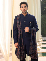 Blue Solid Sherwani Set with Embroidered Stole