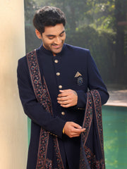 Blue Solid Sherwani Set with Embroidered Stole