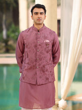 Mauve Floral Embroidered Waistcoat Kurta Set for Men