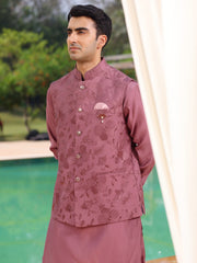 Mauve Floral Embroidered Waistcoat Kurta Set for Men