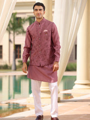 Mauve Floral Embroidered Waistcoat Kurta Set for Men