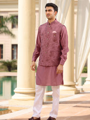 Mauve Floral Embroidered Waistcoat Kurta Set for Men