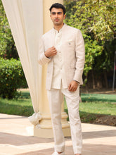 Ivory Paisley Printed Bandhgala Suit Set for Men