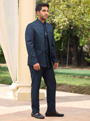 Midnight Blue Textured Bandhgala Suit Set