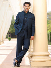 Midnight Blue Textured Bandhgala Suit Set
