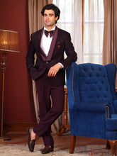Burgundy Textured Tuxedo Suit with Satin Shawl Lapel