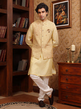Royal Gold Embroidered Waistcoat Kurta Pajama Set for Men