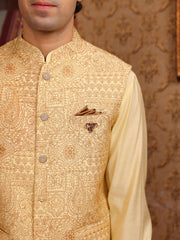Royal Gold Embroidered Waistcoat Kurta Pajama Set for Men