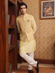 Royal Gold Embroidered Waistcoat Kurta Pajama Set for Men