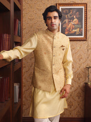 Royal Gold Embroidered Waistcoat Kurta Pajama Set for Men