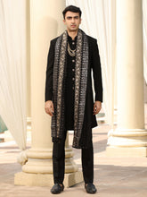 Black Solid Sherwani Set with Embroidered Stole