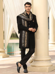 Black Solid Sherwani Set with Embroidered Stole