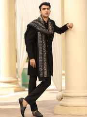 Black Solid Sherwani Set with Embroidered Stole