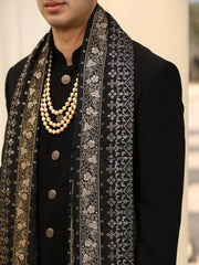 Black Solid Sherwani Set with Embroidered Stole
