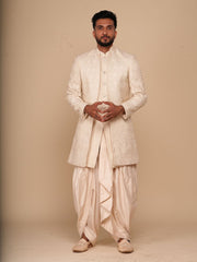Neumen Cream Embroidered Men Achkan