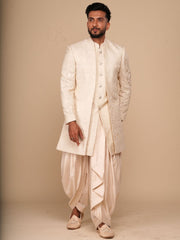 Neumen Cream Embroidered Men Achkan