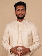 Neumen Cream Embroidered Men Achkan