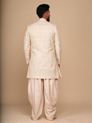 Neumen Cream Embroidered Men Achkan