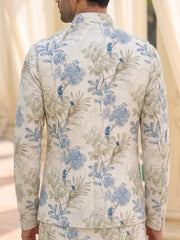 Beige/ Blue Floral Kurta with Nehru Jacket Set