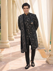 Midnight Noir Embroidered Sherwani Set with Paisley Detailing & Velvet Stole