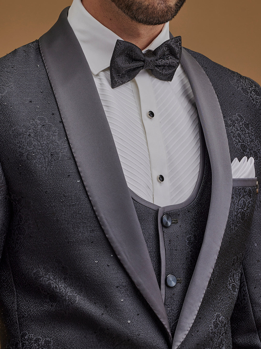 Grey Floral Single Breasted Suit