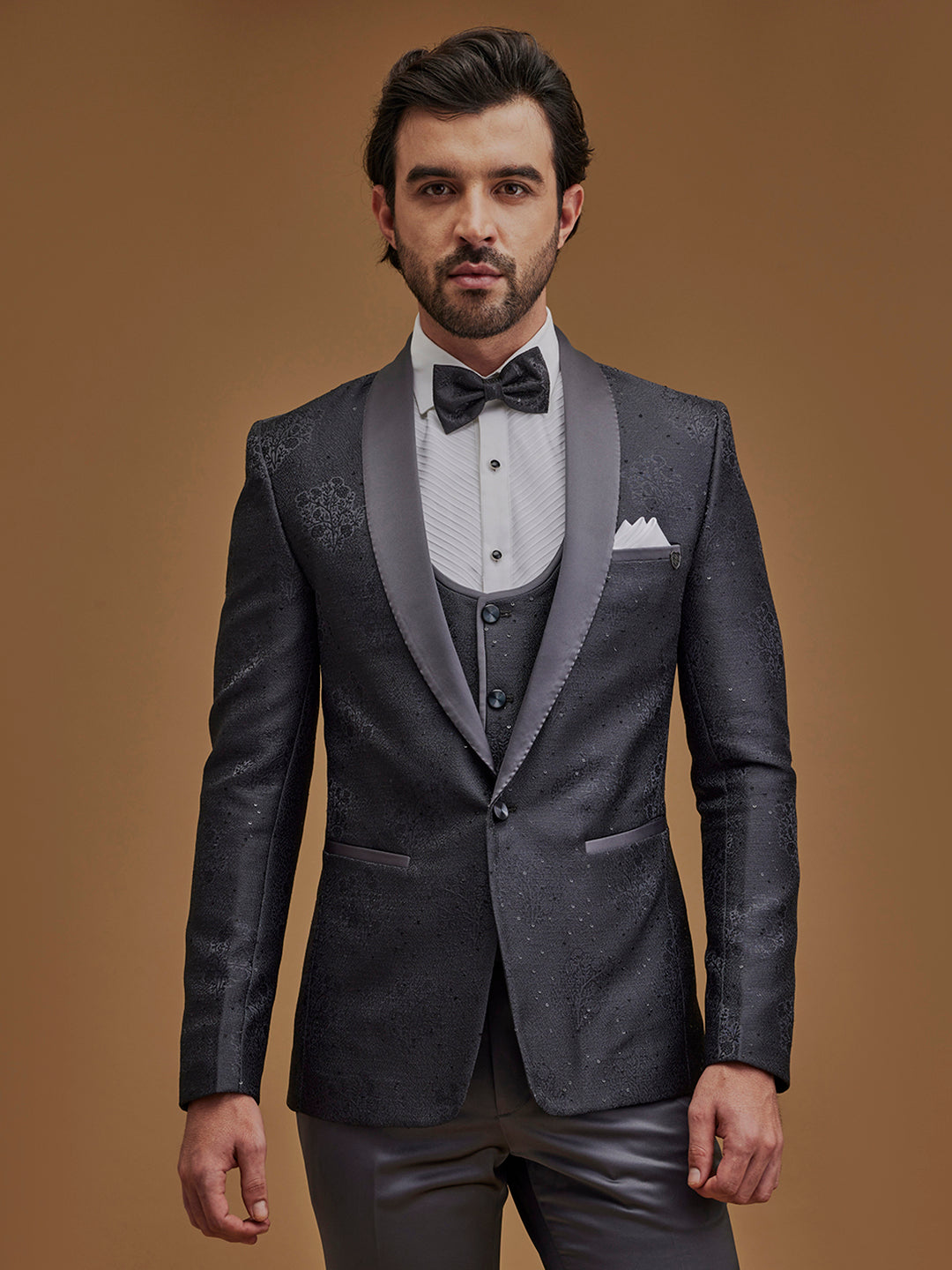 Grey Floral Single Breasted Suit