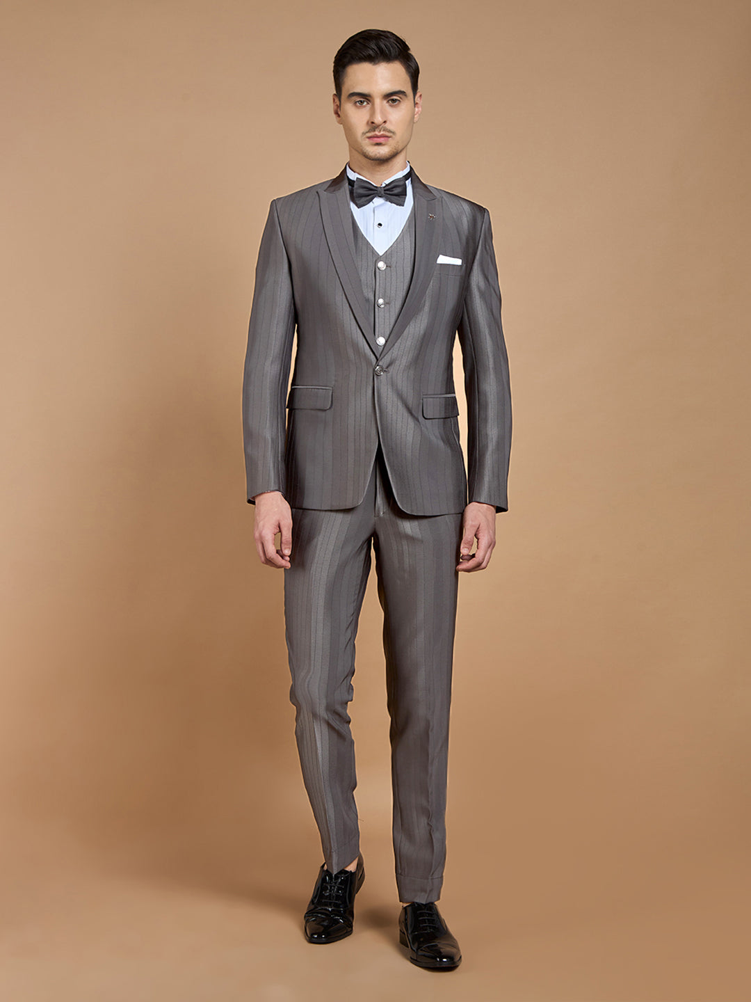 Grey Striped Tuxedo with Peak Collar