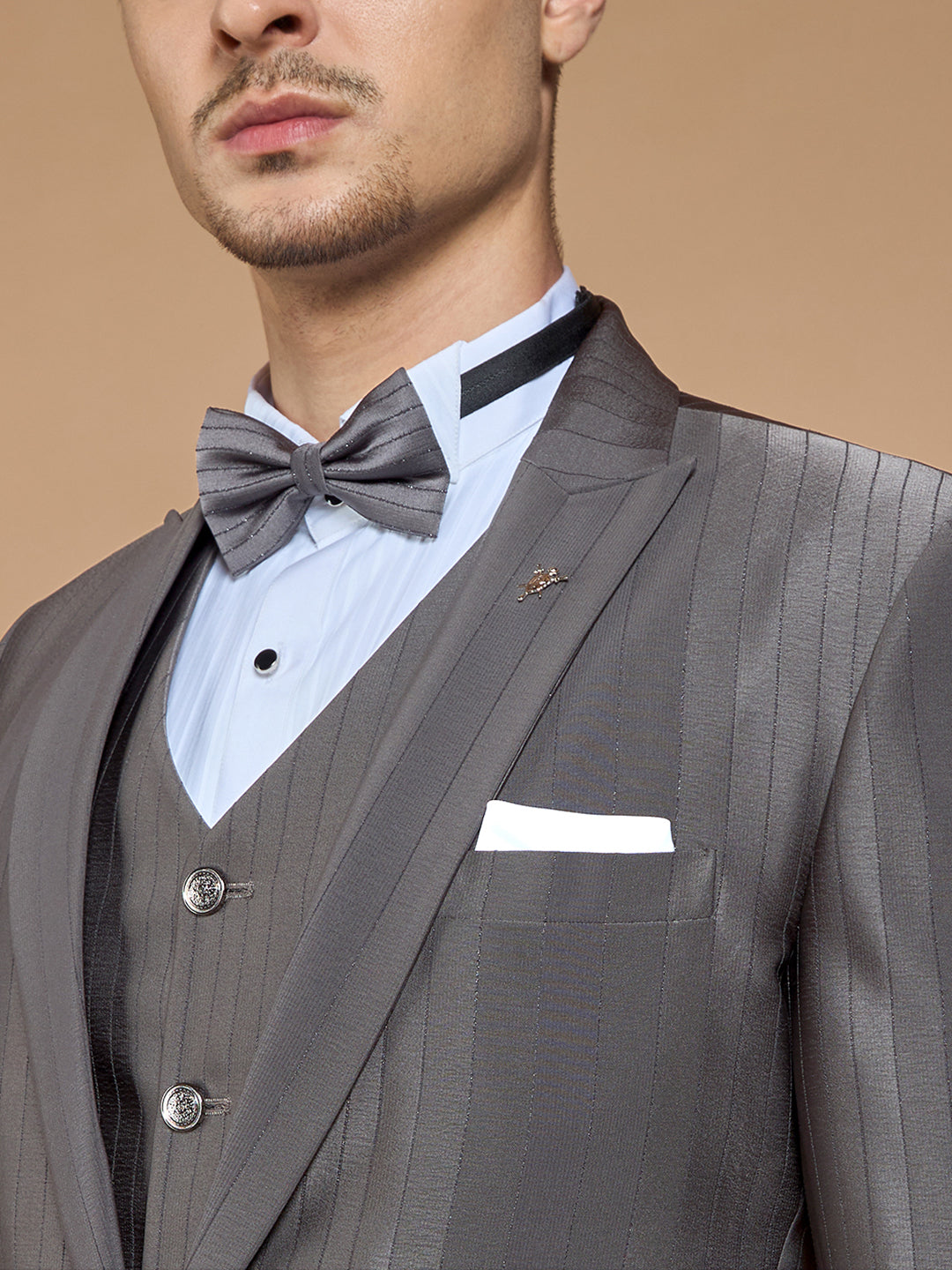 Grey Striped Tuxedo with Peak Collar