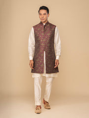 Neumen Maroon Kurta, Trouser & Long Waistcoat Set For Men