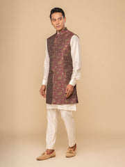 Neumen Maroon Kurta, Trouser & Long Waistcoat Set For Men
