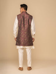 Neumen Maroon Kurta, Trouser & Long Waistcoat Set For Men