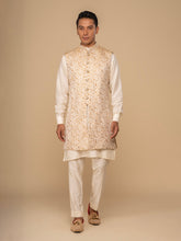 Neumen Cream Kurta, Trouser & Long Waistcoat Set For Men