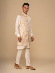 Neumen Cream Kurta, Trouser & Long Waistcoat Set For Men