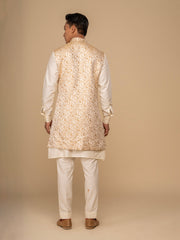 Neumen Cream Kurta, Trouser & Long Waistcoat Set For Men