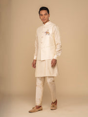 Cream Kurta, Trouser & Waistcoat Set For Men
