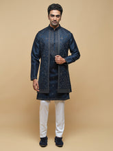 Men’s Blue Kurta, Trouser & Long Waistcoat Set