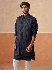 Men’s Blue Kurta, Trouser & Long Waistcoat Set