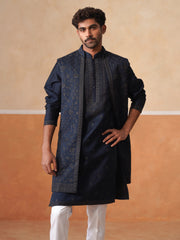 Men’s Blue Kurta, Trouser & Long Waistcoat Set