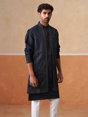 Men’s Blue Kurta, Trouser & Long Waistcoat Set
