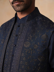 Men’s Blue Kurta, Trouser & Long Waistcoat Set