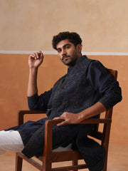 Men’s Blue Kurta, Trouser & Long Waistcoat Set