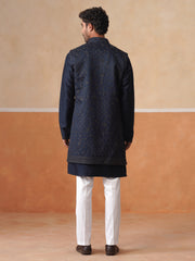 Men’s Blue Kurta, Trouser & Long Waistcoat Set