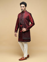 Men’s Maroon Kurta, Trouser & Long Waistcoat Set