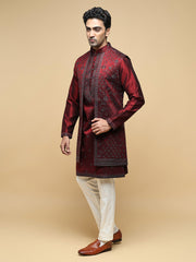 Men’s Maroon Kurta, Trouser & Long Waistcoat Set