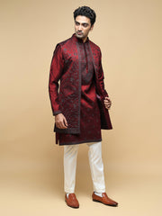 Men’s Maroon Kurta, Trouser & Long Waistcoat Set