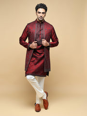 Men’s Maroon Kurta, Trouser & Long Waistcoat Set