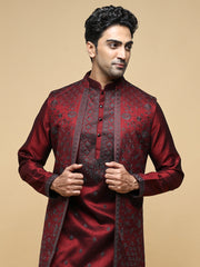 Men’s Maroon Kurta, Trouser & Long Waistcoat Set