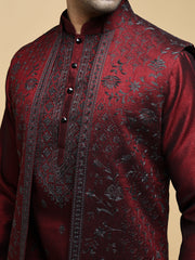 Men’s Maroon Kurta, Trouser & Long Waistcoat Set