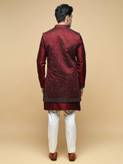 Men’s Maroon Kurta, Trouser & Long Waistcoat Set