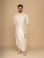 Neumen Cream Kurta, Dhoti & Long Waistcoat Set For Men